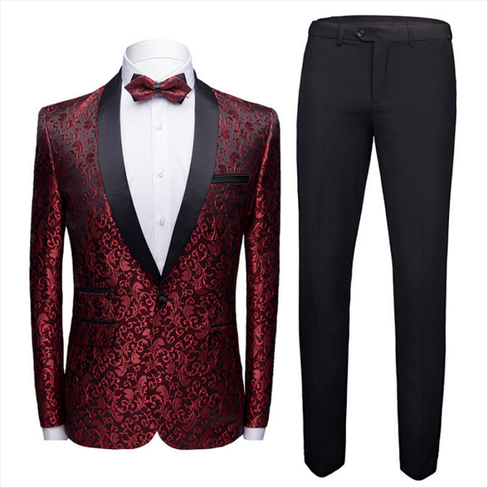 Fashion Burgundy Jacquard Wedding Tuxedos | Shawl Lapel Black Satin Men's Prom Suits_2