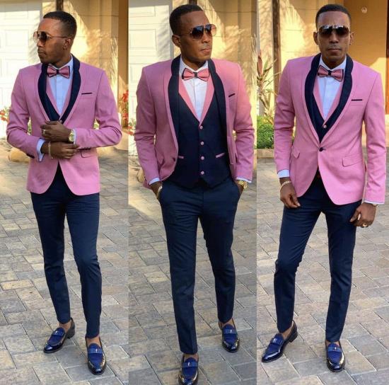 Luke Chic Pink Shawl Lapel Three Pieces Slim Fit Men Suits_2