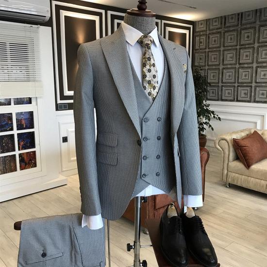 Happnessmall Formal Black Small Plaid Peaked Lapel One Button Business Suits For Men_2