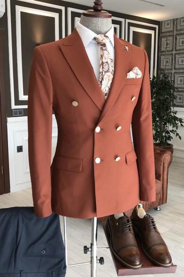 Formal Orange Peaked Lapel Double Breasted Men Suits For Business | Happnessmall_1