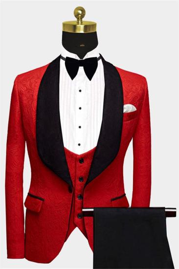 New Arrival Red Floral Tuxedo | Bespoke three Pieces Men Suits with Black Lapel
