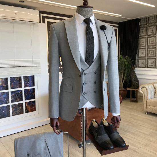 Sophia New Arrival Gray Peaked Lapel  Bespoke 3-pieces Business Suits For Men_2