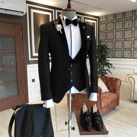 Ethan Stylish Black Slim Fit Peaked Lapel Three-Pieces Men Suits_2