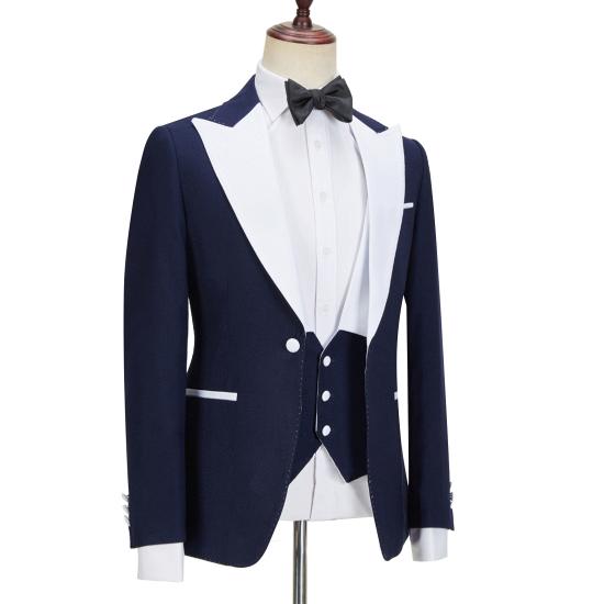 Stylish Navy Blue Slim Fit Peaked Lapel  Three Pieces Men suits | Happnessmall_5