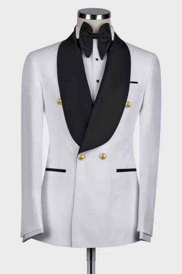 Mercer Stylish White Double Breasted Wedding Suits With Blcak Shawl Lapel_1