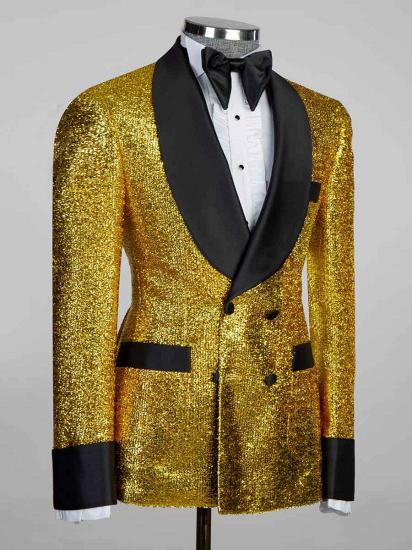 Glamorous Gold Double Breasted Black Shawl Lapel Man Prom Suits With Adjustable Belt_2