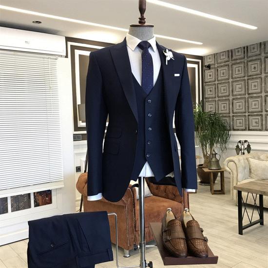 Evelyn Classic 3-Pieces Solid Navy Blue Peaked Lapel Men Business Suits_2