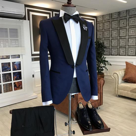 Evelyn Trendy Navy Blue Mixed Black Peaked Lapel One Button Slim Fit Prom Men Suit_2