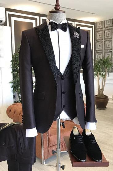 Latest Design 3-Pieces Black Jacquard Peaked Lapel Bespoke Business Suits For Men