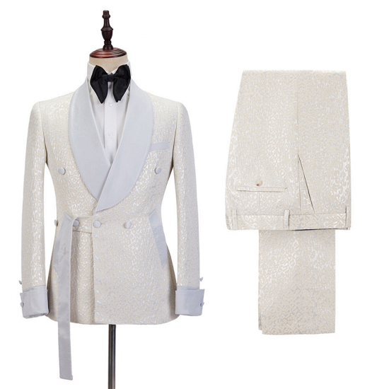 Fashion Off White Shawl Lapel Slim Fit Jacquard Bespoke Wedding Suits_4