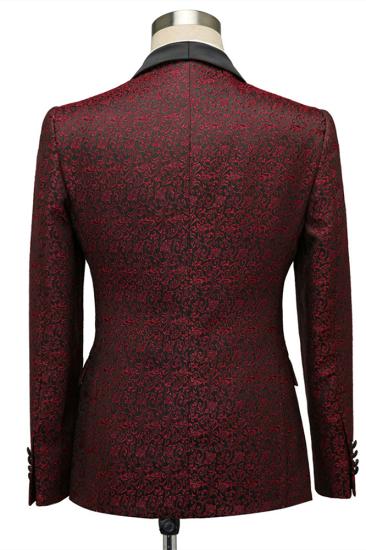 Fashionable Burgundy single button shawl lapel jacquard groom set_2