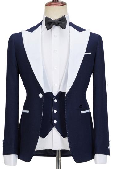 Stylish Navy Blue Slim Fit Peaked Lapel  Three Pieces Men suits | Happnessmall_1