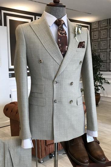 Livia Light Gray Small Plaid Peaked Lapel Double Breasted Business Suits For Men
