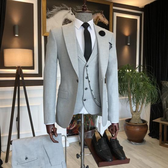 Ava Classic Light Gray 3-Pieces Double Breasted One Button Business Suits For Men_2