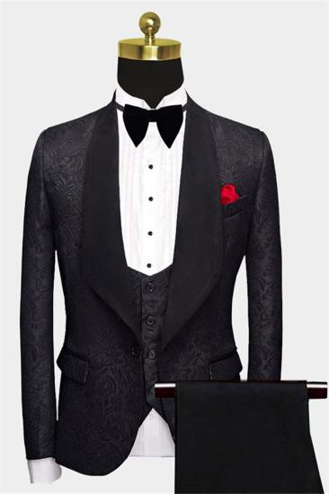 Classical Black Silk Shawl Lapel Men Suits For Business | Formal Three Pieces Jacquard Wedding Suits