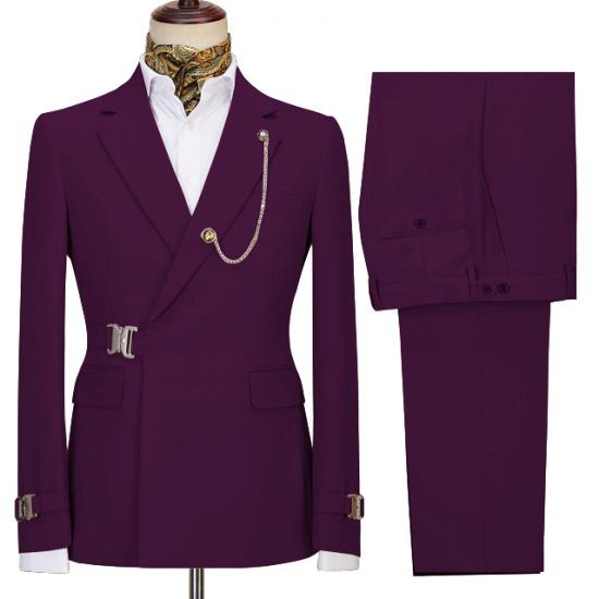 Unique Dark Purple Notch Lapel Men Suits For Business with Buckle_2