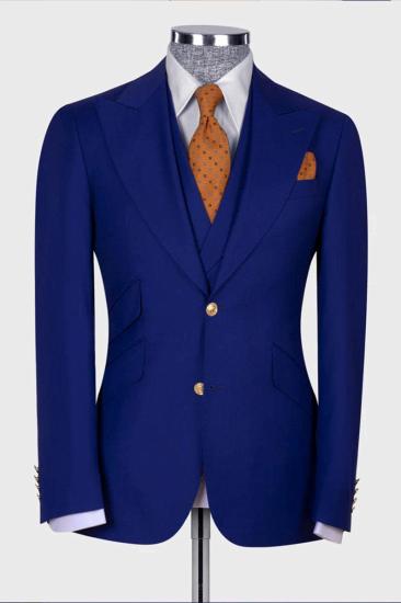 Popular Royal Blue 3 Piece Peaked Lapel Slim Fit Men Suits With Classic Vest_2