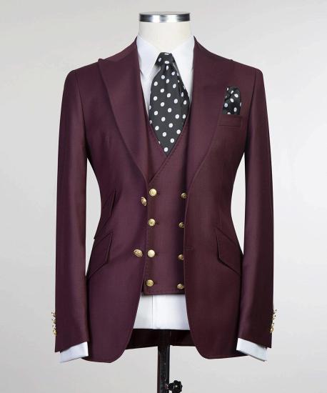 Sterling Popular Burgundy Three Pieces Slim fit Peaked Lapel Men Suits_4