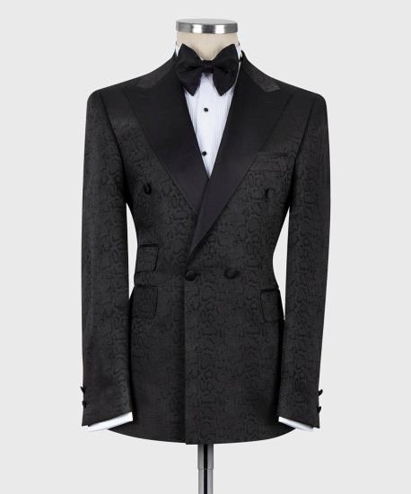 Black Jacquard Peaked Lapel Double Breasted Men Suits | Happnessmall_3