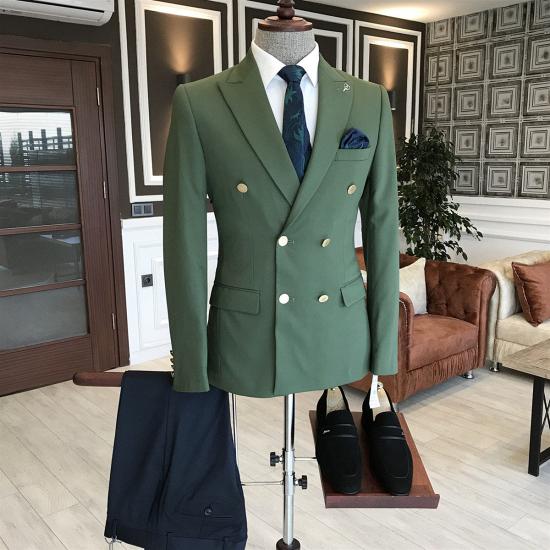 Gentle Green Peaked Lapel Double Breasted Bespoke Men Suits_2