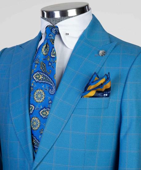 Unique Blue Plaid Three Pieces Peaked Lapel Men Suits For Business_3