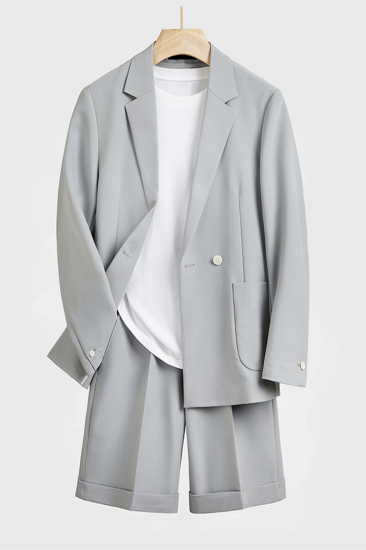 Comfortable Silver Loose Notched Lapel Summer Men Suit with Short Pant | Happnessmall_1
