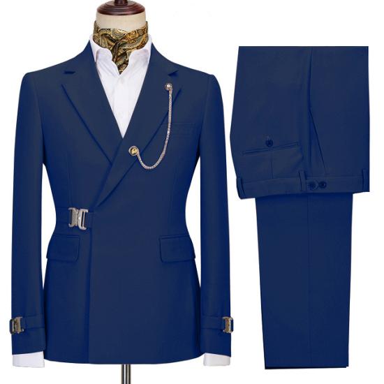Advanced Navy Blue Notched Lapel Business Men Suits with Buckle_2