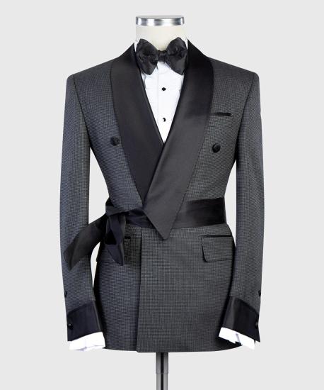 Chic Grey  Black Silk Shawl Lapel Two Pieces Bespoke Men Weddiing Suits | Prom with Belt_3
