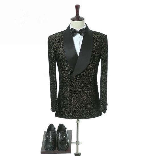 Unique Black Slim Fit Shawl Lapel Double Breasted Wedding Groom Suits_4