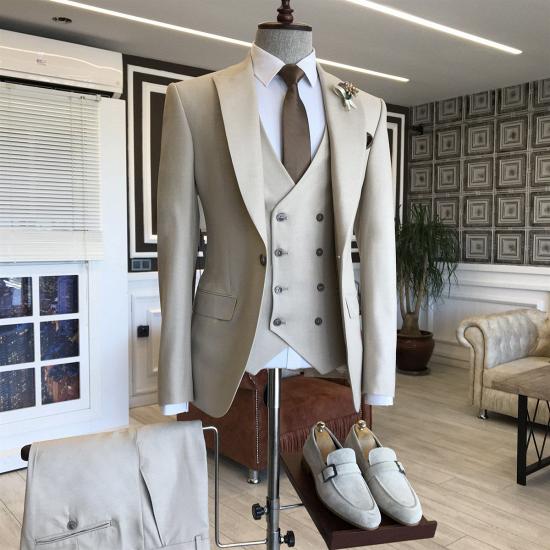 Popular Light Khaki  Peaked Lapel Formal Three Pieces Business Men Suits | Happnessmall_2