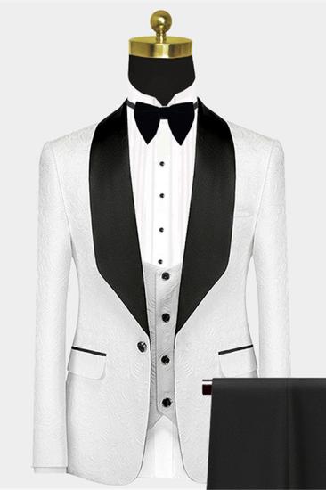 Popular black satin lapel jacquard one button white wedding dress tailcoat