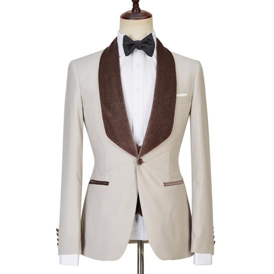 Fashionable Light Champagne Slim Fit Shawl Lapel Shiny  Three Pieces Men Suits | Happnessmall_3