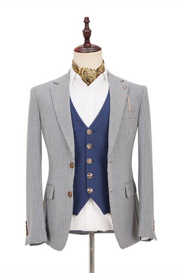Classical Black-and-White Plaid Slim Fit 3 Piece Men's Suit with Denim Blue Waistcoat