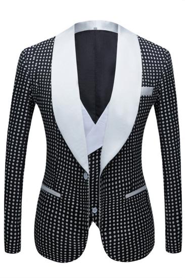 Unique black polka dot single button wedding groom set with shawl and lapel