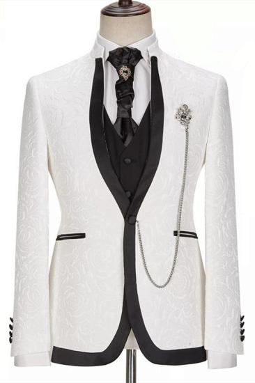 White One Button Three Pieces Slim Fit Jacquard Wedding Suits | Happnessmall