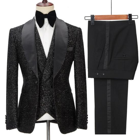 Gorgeous Sparkly Black Three Pieces Shawl Lapel Bespoke Wedding Suit for Men_2
