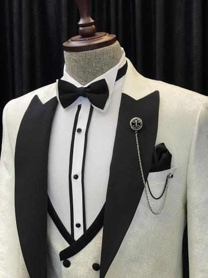 Latest Design White Jacquard Three Pieces Wedding Suits With Black Peaked Lapel | happnessmall_2