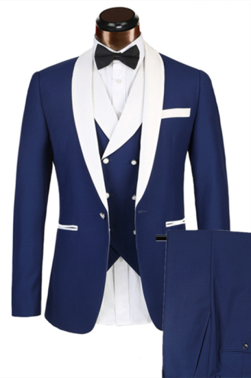 Classical 3 Piece White Lapel Edge Banding Formal Blue Men's Suit For Wedding_1