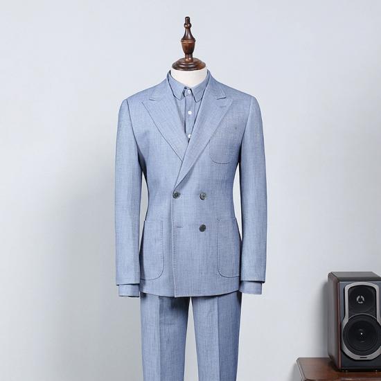 Fashion Sky Blue Plaid Peaked Lapel Tailored Business Suit_2