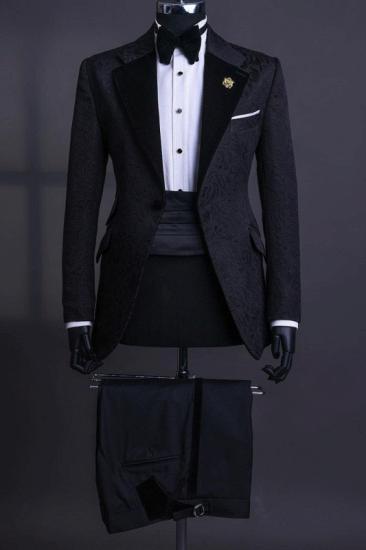 Tassos Popular Black Jacquard Notched Lapel Two Pieces Prom Suits