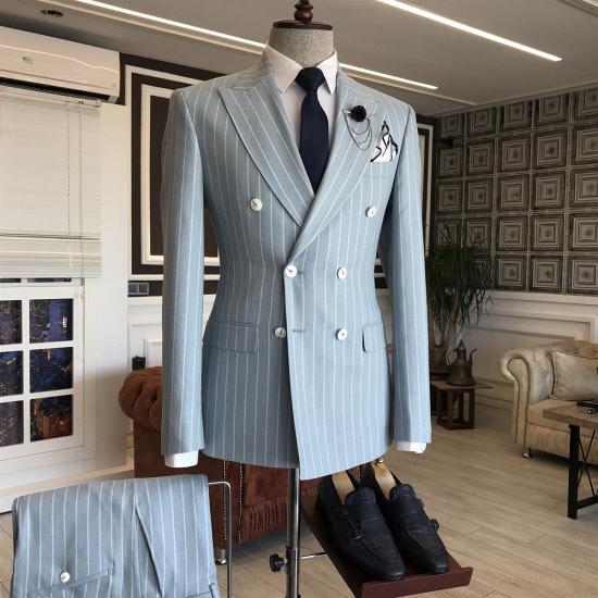 Kyra Popular Blue Striped Peaked Lapel Double Breasted Men Suits For Business_2