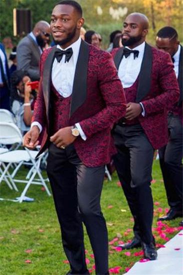 New Red Jacquard Three-Piece Shawl Lapel Wedding Groomsmen Suits_1