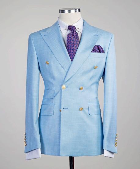 Elegant Shape Sky Blue New Arrival Peaked Lapel Double Breasted Two Pieces Prom Suits_3