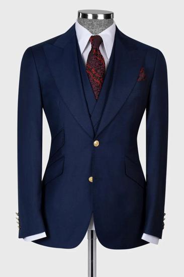 Morden Navy 3 Piece Peaked Lapel Slim Fit Men Suits With Classic Vest_2