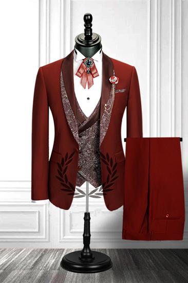 Gorgeous Red 3 Piece Stitching Lapel Stylish Double Breasted Waistcoat Men's Formal Suit_2