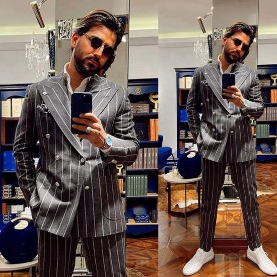Gabriel New Fashion Gray Peaked Lapel Double Breasted Striped Men Suits For Prom_2
