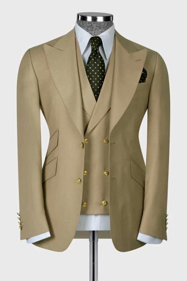 Stylish Khaki 3 Piece Peaked Lapel Slim Fit Men Suits With Classic Vest