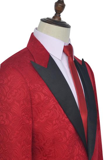 Chic Bright Red Jacquard Peak Lapel with Black Silk Mens Suits | Happnessmall_5