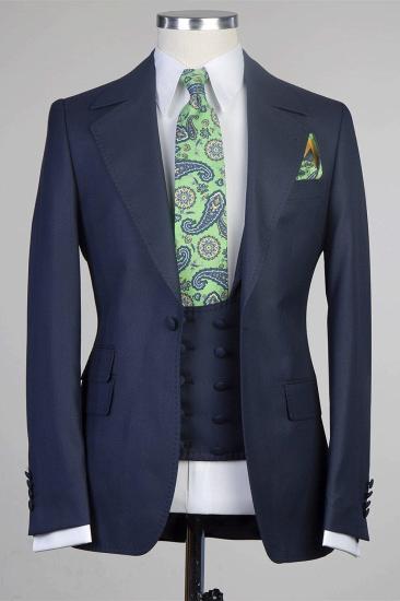 Sterling Unique Navy Three Pieces One Button Peaked Lapel Men Suits_1