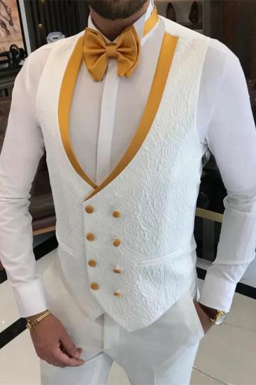 Chic White Three Pieces Prom Suits With Gold Peaked Lapel | Happnessmall_3